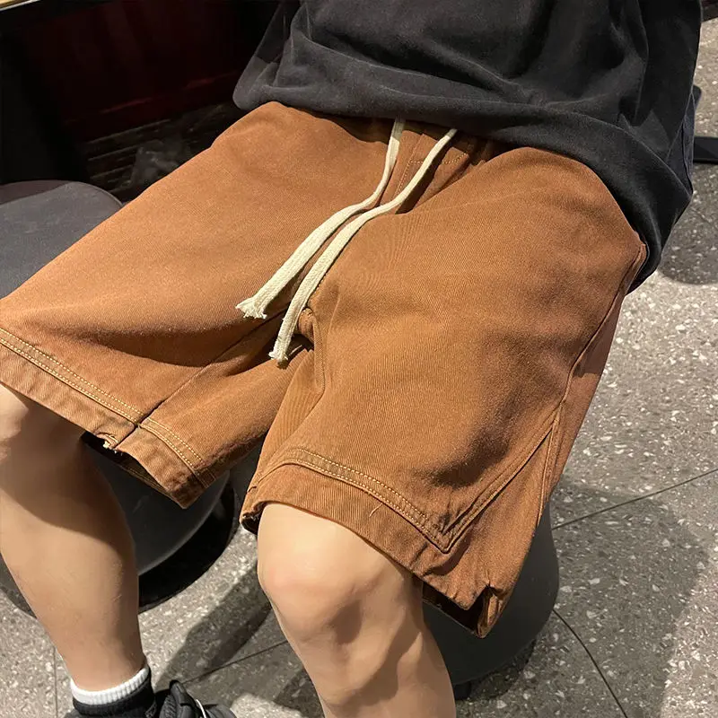 

Summer American Retro Brown Denim Shorts Men's Summer Vibe National Fashion High Street Pants Fashion Brand Cropped Pants