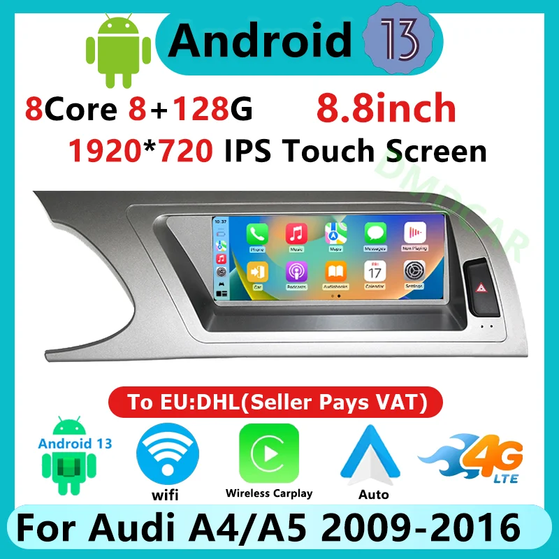 Заводская цена 8 дюйма 8-ядерный процессор Android13 беспроводной Carplay Auto для AUDI A4 S4 B8 A5