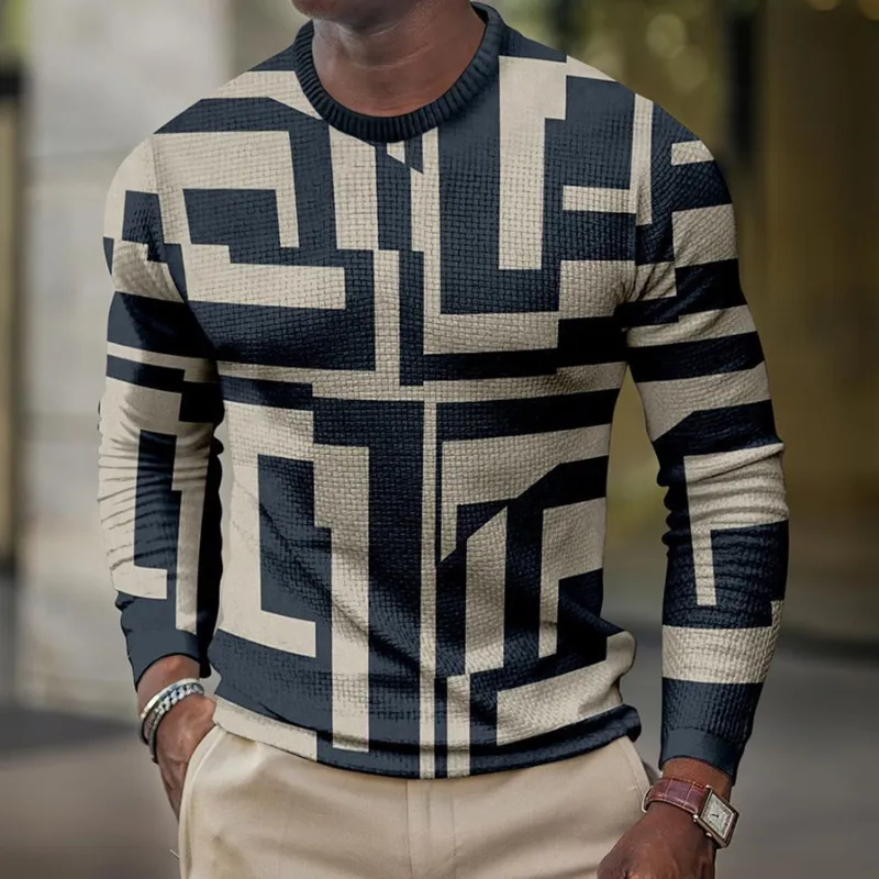 

Men's Fashion Irregular Printed Long Sleeve T-Shirt Fashion Round Neck Micro-elastic T-Shirt