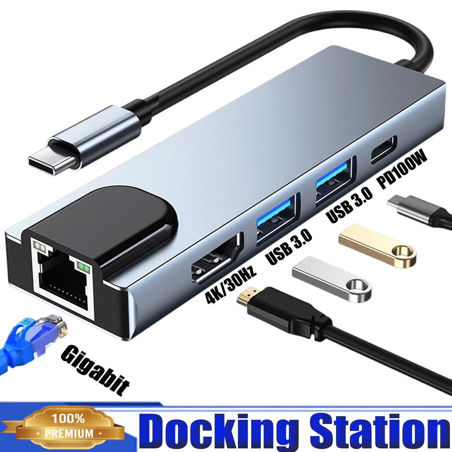 

5 in1 Docking Station,TYPE C Hub with USB 3.0,USB2.0,4K/30Hz,PD100W,Gigabit Network Cable Interface,Multiport Adapter for Laptop