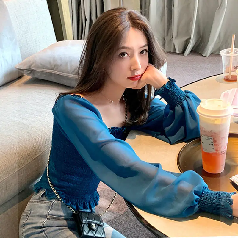 

Блузка женская шифоновая с квадратным вырезом, модная повседневная элегантная Базовая рубашка, однотонная одежда, G567