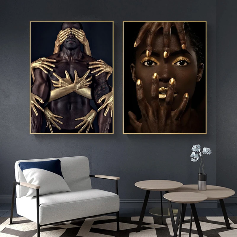 

Black Gold Character Embrace Canvas Painting Wall Art Posters and HD Prints Abstract Wall Pictures for Living Room Decor Cuadros