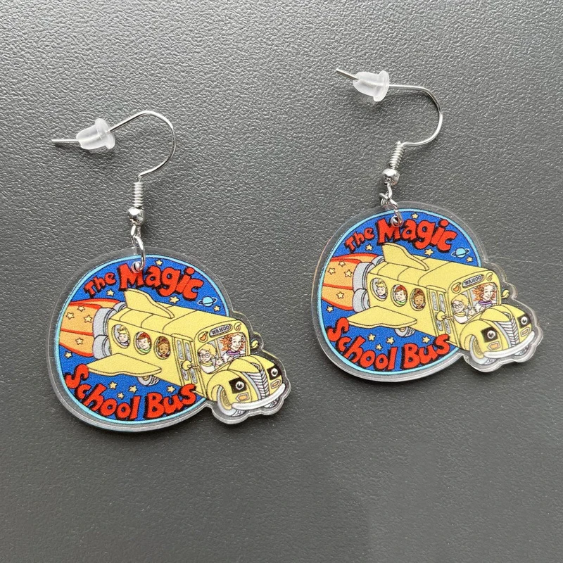 Cute Cartoon Flying School Bus Acrylic Earrings Women Playing Guitar Cat Reading Elephant Caterpillar Ruler Red Dog Earrings images - 6