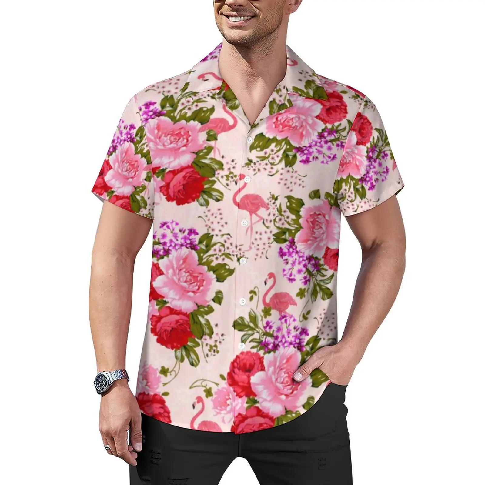 

Tropical Baroque Floral Vacation Shirt Vintage Pink Roses Hawaiian Casual Shirts Men Novelty Blouses Short-Sleeve Pattern Tops