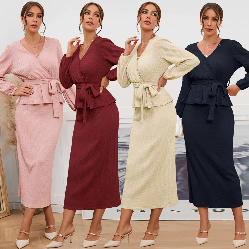 

Sexy V-neck knitted suit skirt tied slim long-sleeved top + skirt two-piece set