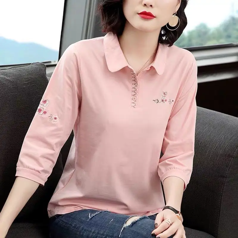 

95% cotton seven-point sleeve T-shirt female 2022 spring autumn new lapel embroidery sleeves polo collar size bottoming shirt