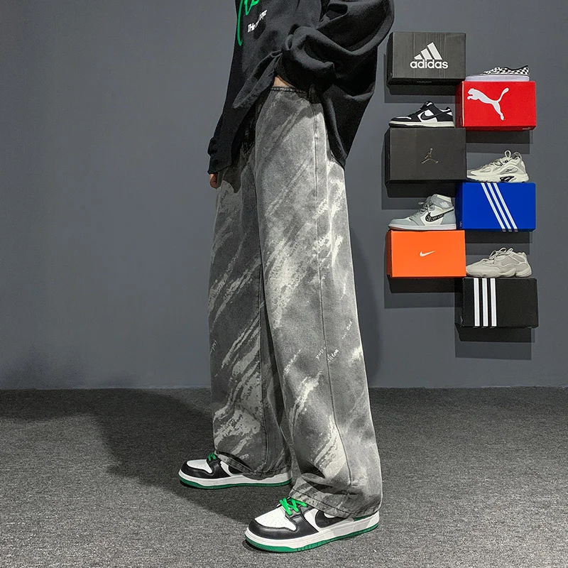 Blue Black Tie Dye Jeans Men Fashion Retro Casual Straight Jeans Men Streetwear Hip Hop Loose Denim Pants Mens Trousers M-3XL