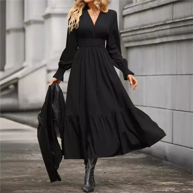 Elegant Ladies Dress Solid Color V-neck Pullover Lantern Sleeve A-line Folded Waist Long Sleeved 2024 Autumn New Item