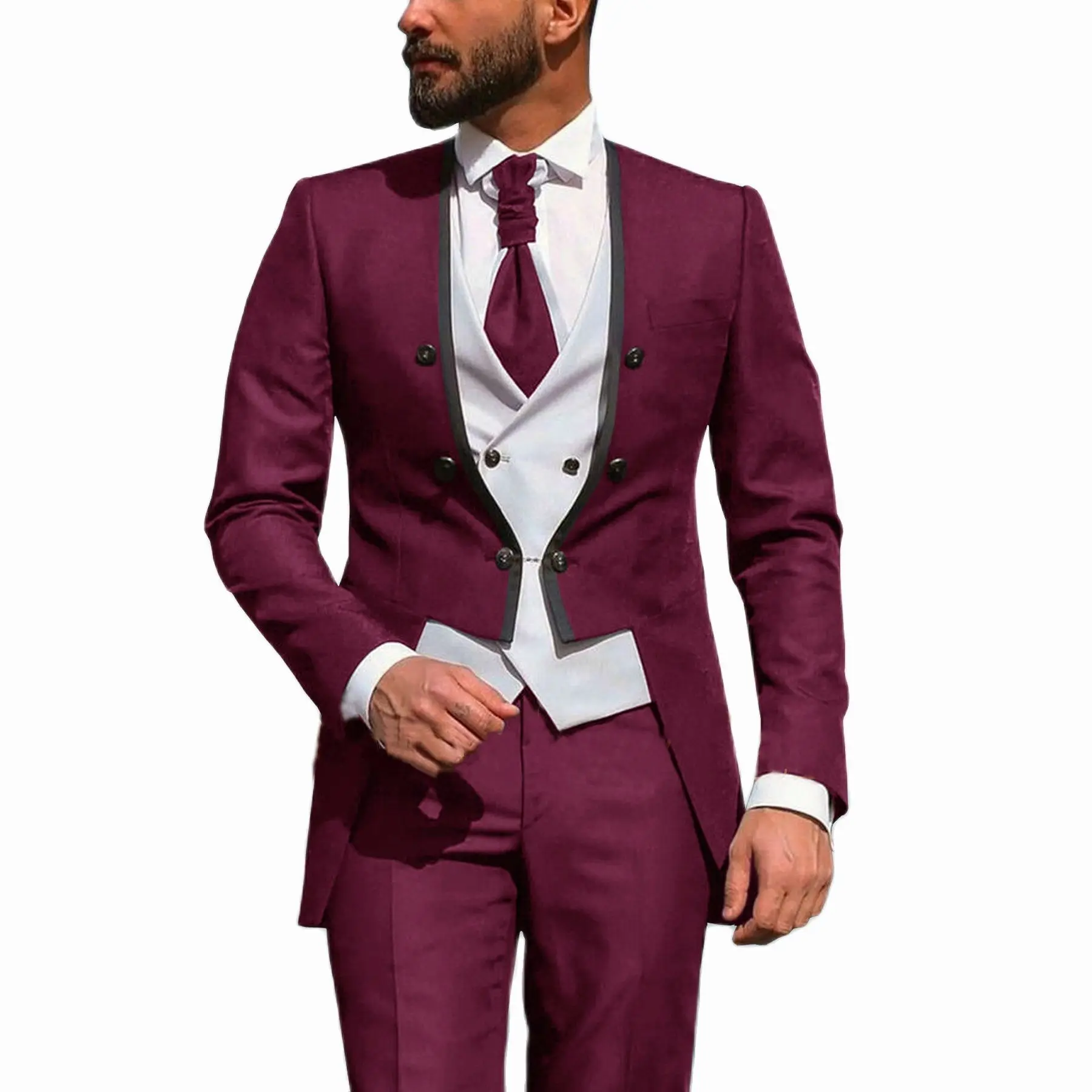 Blazer Sets  New Arrival Formal Dinner Party Tailcoat Burgundy Wedding Suits For Men Groomsman Groom Suits Men's Tuxedo 3 Pieces