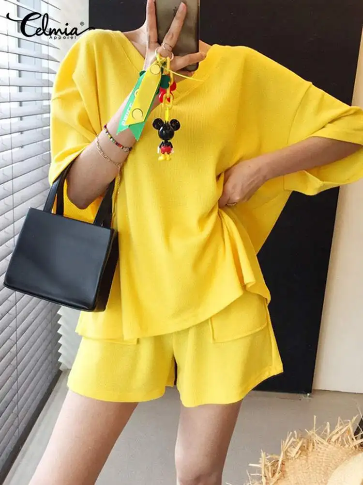 Celmia Fashion Casual Holiday Short Sets Oversize Short Sleeve Tops and Loose Shorts BF Style Korean 2 Piece Outfits Ribbed Sets