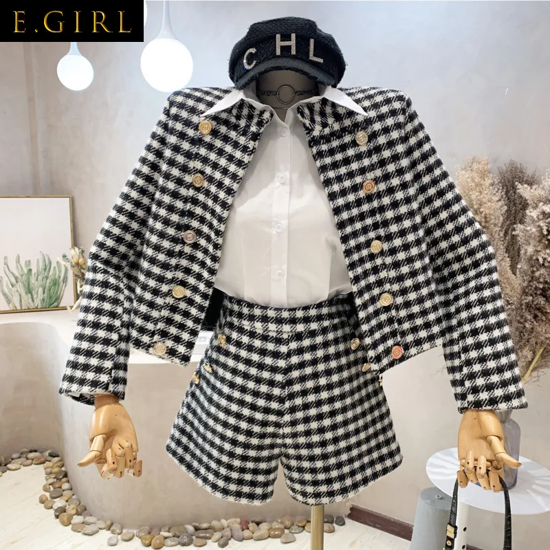 

Fashion Women Tweed 2 Pieces Skirt Set Stylish Houndstooth Jacket Coat High Waist Slim Mini A-line Skirts Female 2021 Autumn