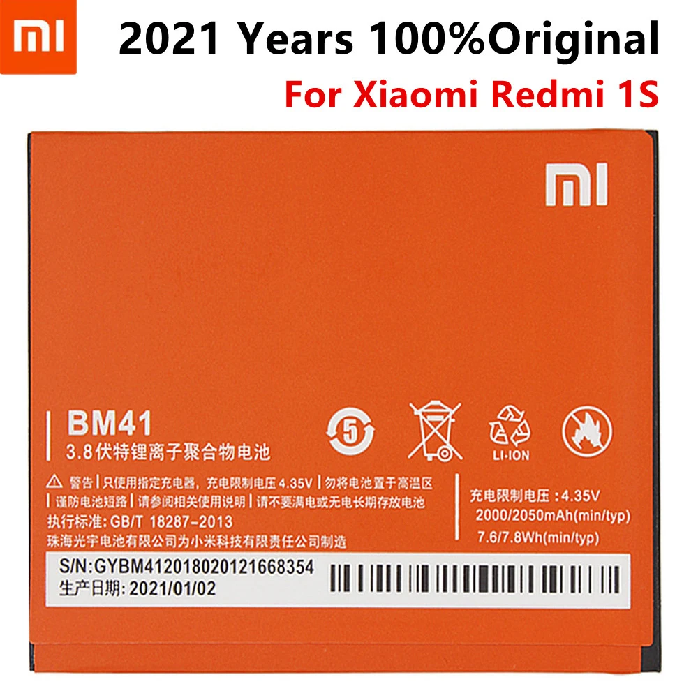 

100% Original Xiaomi BM41 Battery bm41 For Xiaomi Redmi 1S Hongmi Red Rice 1S Replacement Batteries BM 41 High Capacity 2050mAh