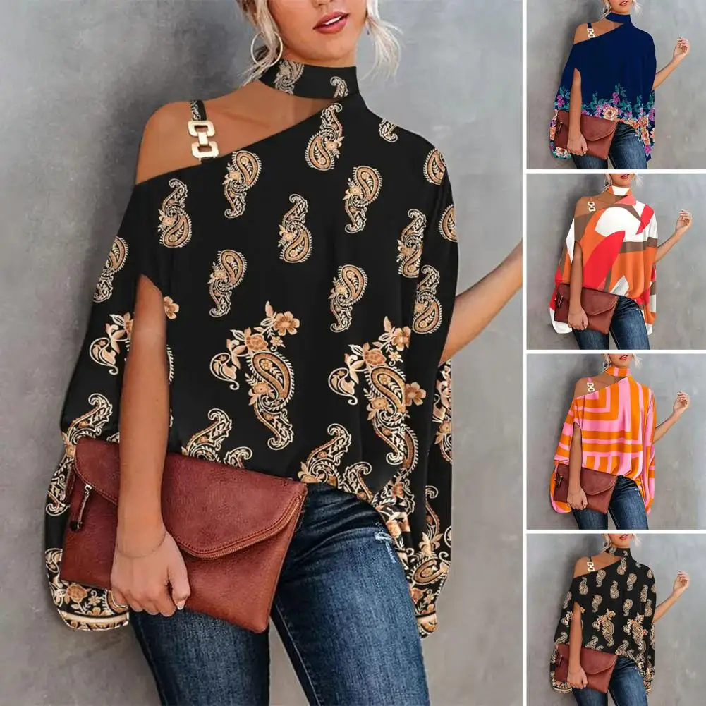 

Casual Loose Women's Blouse Fashion Batwing Sleeve Stand Collar Print Off Shoulder Shirts Summer Lady Blouses Elegant Tops