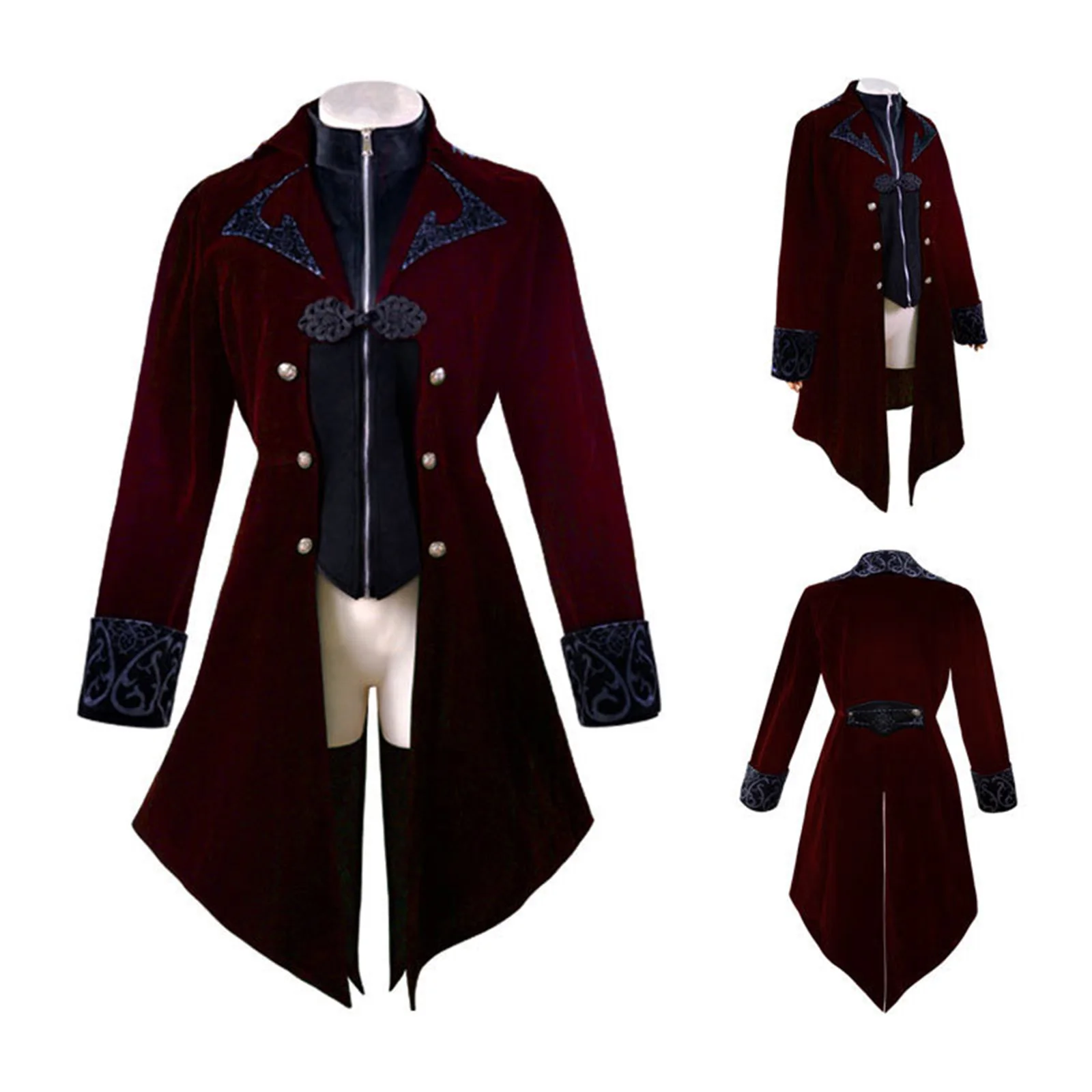 

Anime Halloween Gothic Ladies Coat Medieval Cosplay Costume with Traditional Chinese Button Decoration Black Burgundy Jacket