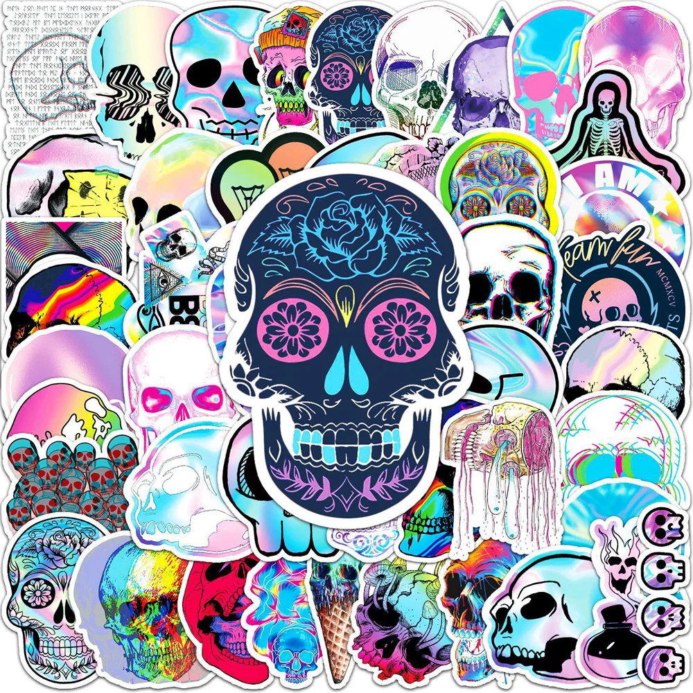 

10/30/50pcs Horror Skull Holographic Laser Stickers Aesthetic DIY Guitar Laptop Phone PVC Graffiti Toy Decals Sticker for Kids