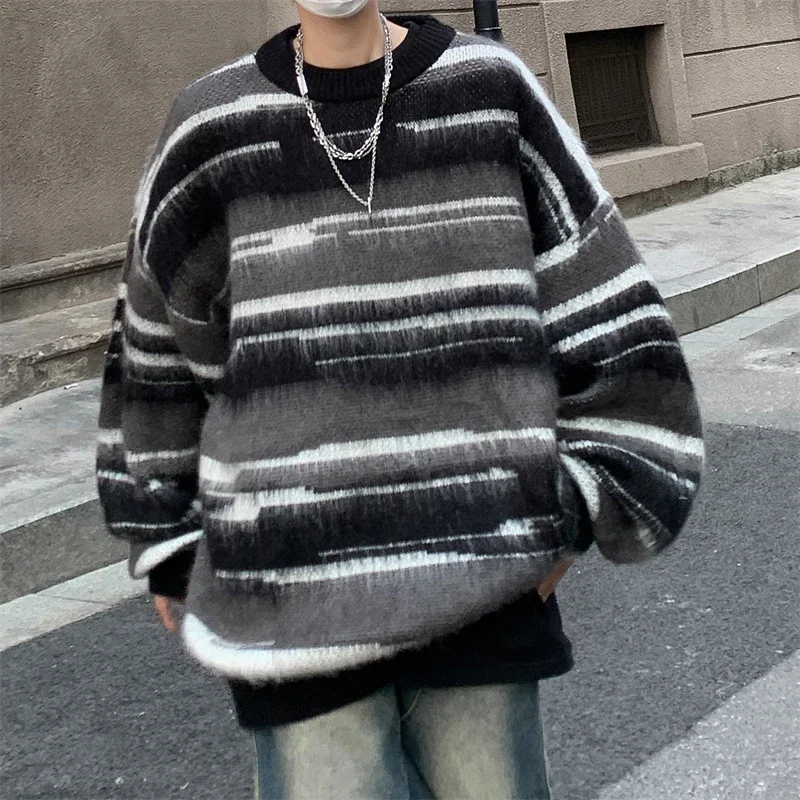 Свитер мужской в полоску пуловер оверсайз контрастных цветов модная свободная