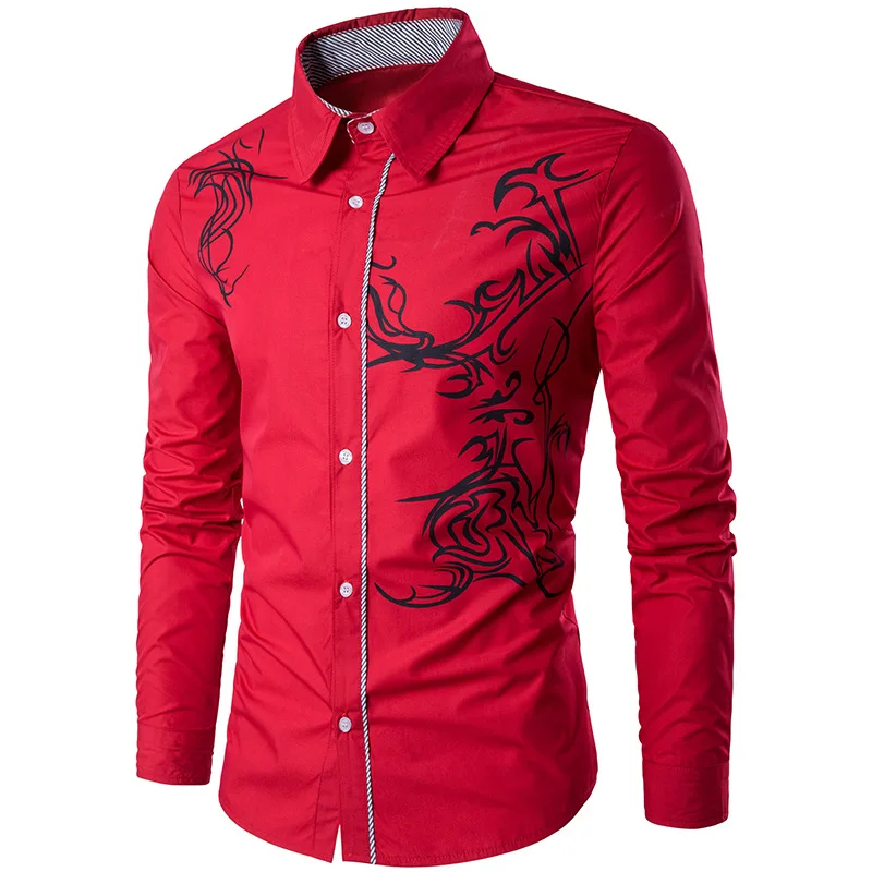 2022New Men's Patchwork Printed Dragon Pattern Shirt Casual Wild Shirt Long Sleeved Slim Men's Spring Summer Button Up Shirt