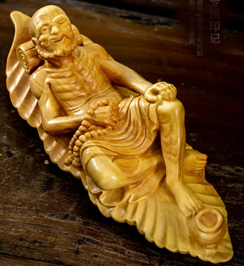 TL089 — 17 5 x 6 резная фигурка самшита ручной работы: Damo Luo Han Monk на листах