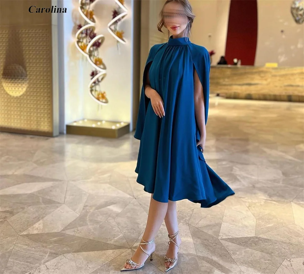 

High Neck Prom Gown Knee Length Satin Simple Backless Occasion Dress Robe De Soirée Women Ruched Sleeveless Evening Party Dress