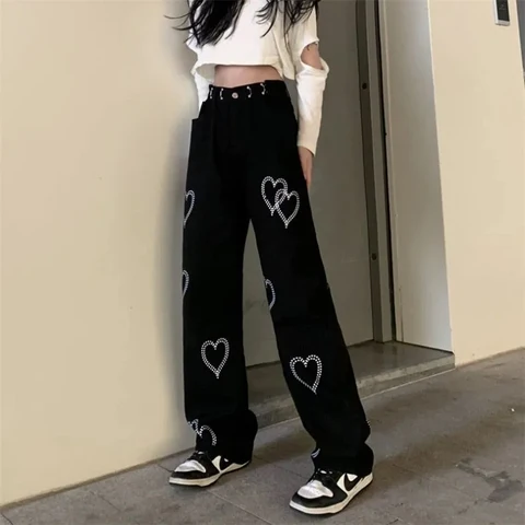 Printed Love Jeans Women Pants Fashion Harajuku High Waist Loose Straight Leg Trousers Casual Lady Hip Hop Pants Y2k Clothes