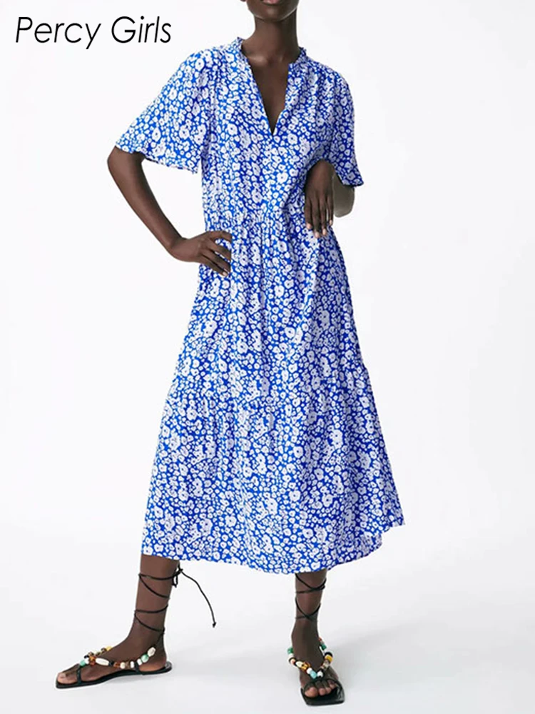 

Женское платье-миди с цветочным принтом, V-образным вырезом и коротким рукавом