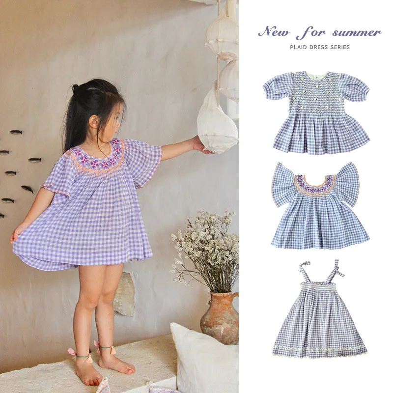

Girls Dress 2022 Summer Lapel Shirt Dress Purple Puff Sleeve Princess Dress Cotton Slip Dress Party Dress Children's Clothing