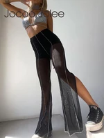 jocoo jolee y2k see through sexy women flare pants harajuku black mesh patchwork split high waist girls designer summer clothes