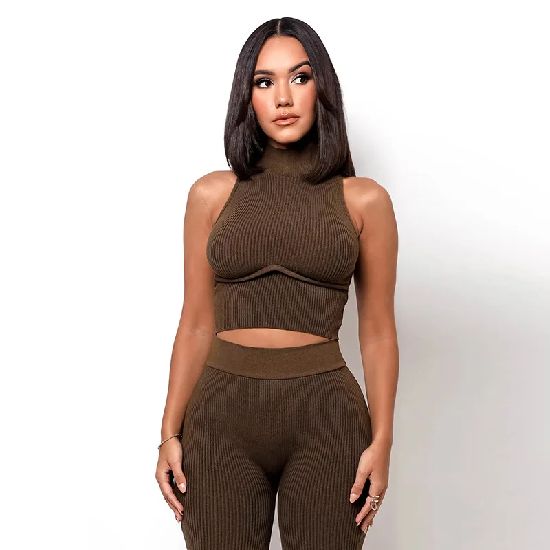 

Show Chest Vest Leggings 2 Piece Set Women High Collar Sport Outfit Workout Clothes for Women Sportswear Fitness Suit Gym Wear S