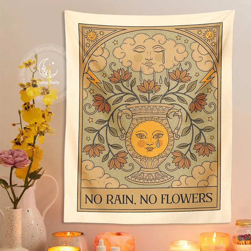 

Sun Flower Tapestry Wall Hanging No Rain No Flowers Tarot Psychedelic Vase Boho Aesthetic Wall Carpets Home Room Decor Cloth