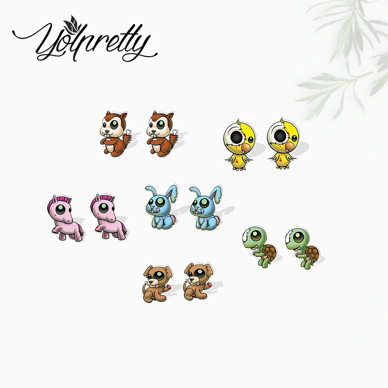 

2021 New Arrival Broken Zombie Animals Turtle Bunny Unicorn Epoxy Stainless Steel Stud Earrings Handcraft Acrylic Earrings