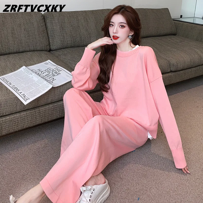 

Casual Tracksuit Women Knitted 2 Pieces Set Ladies O-Neck Long Sleeve Sweater Pullover And Wide-Leg Pants Suit Autumn Winter