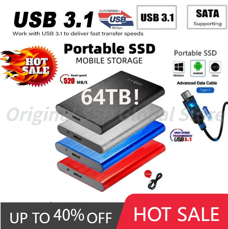 

High-speed 64TB 1TB External Hard Drive 2TB 4TB 8TB Protable SSD USB3.1 SSD 2TB Hard Disk Storage Device for Desktop Laptop