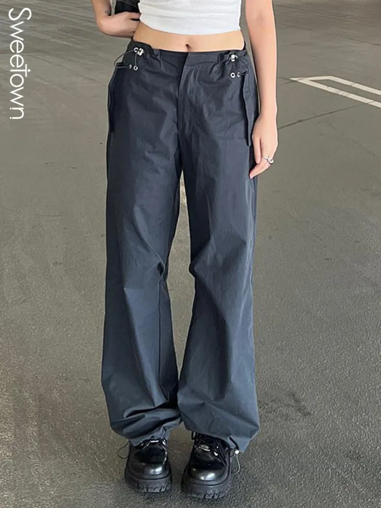 

Серые однотонные повседневные женские джоггеры Sweetown, спортивные штаны на шнуровке с низкой талией Y2K, прямые брюки, корейская мода, хиппи 90-х...