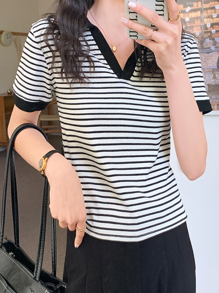 

Summer Y2k Fashion Polo T Shirts Striped Tops for Women Tshirt Turn Down Collar Short Sleeve Blouse Black White Gray Chic