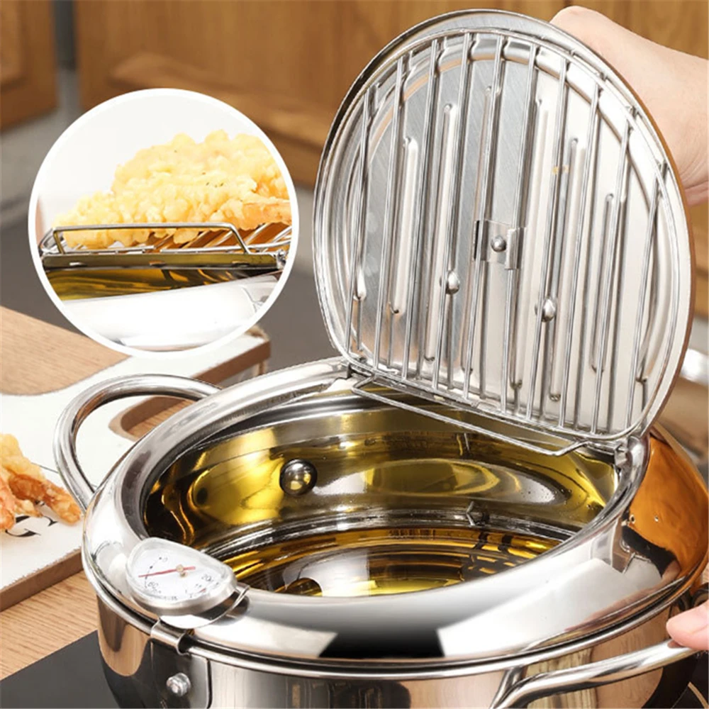 

Японский Глубокий горшок для жарки с термометром и крышкой из нержавеющей стали 304, кухонная утварь Tempura сковорода для жарки 20 24 см KC0405, Прямая поставка