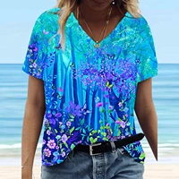 2022 fashion 3d flower tree print t shirt women plus size pullover v neck t shirt summer casual loose short sleeve pulllover new