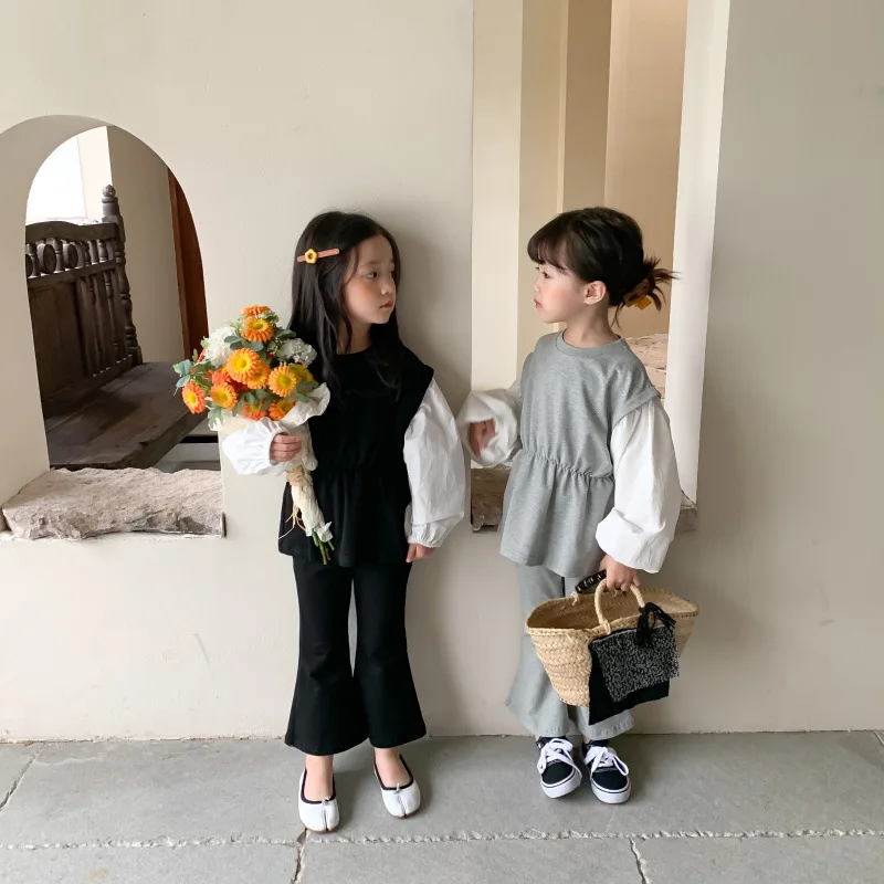 

Spring Kids Clothes Hoodie Sets Patchwork Tops and Pants 2Pcs Korean Girls Suit Fashion Children Clothing