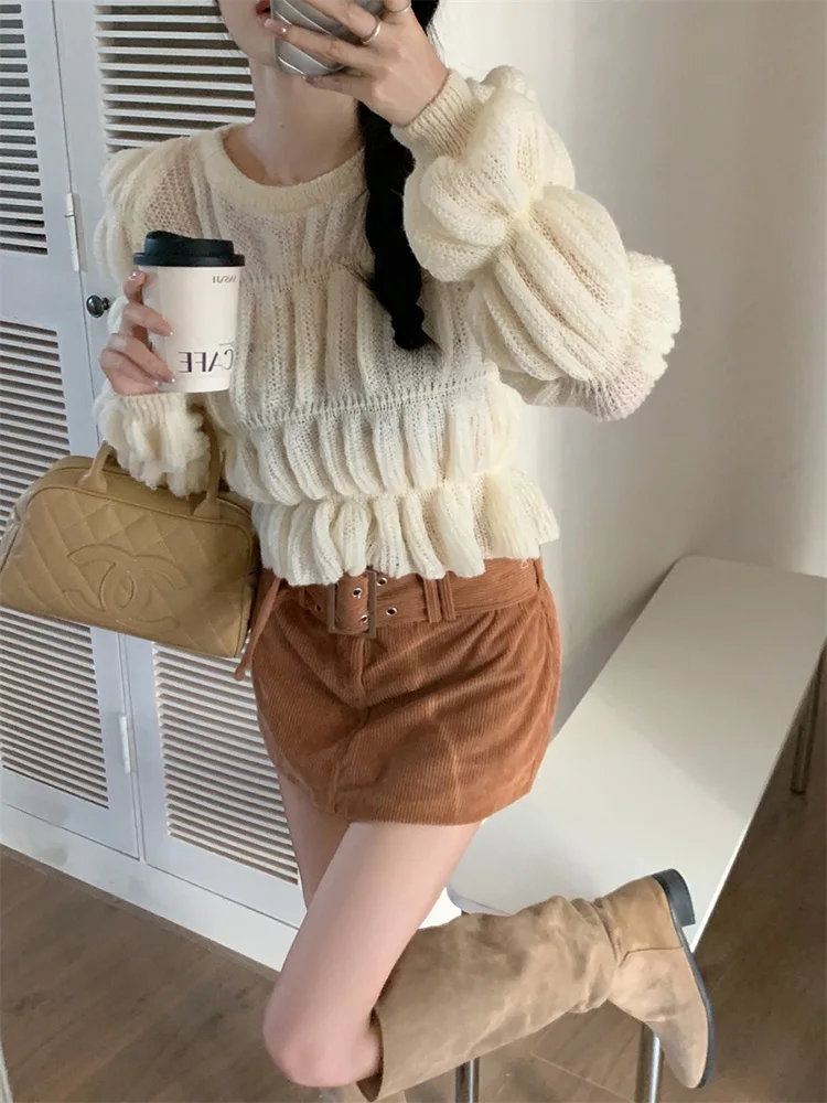 

GY4912 свитер с рукавами-пузырьками 2023 новый французский нишевой дизайн sense, уменьшающий возраст, свободный стиль