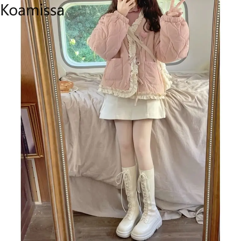 Koamissa Sweet Parkas for Women Fashion Ladies Winter Loose Quilted Coats Korean Chic Cropped Jacket Female Outwear Top De Mujer