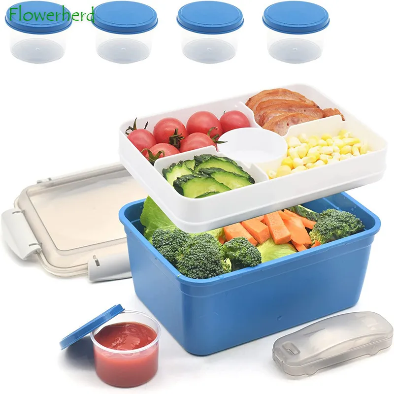Salad Container for Lunch with Large 64oz Salad Bowl 6 Compartment Bento Style Tray for Toppings 5 Sauce Container BPA-free