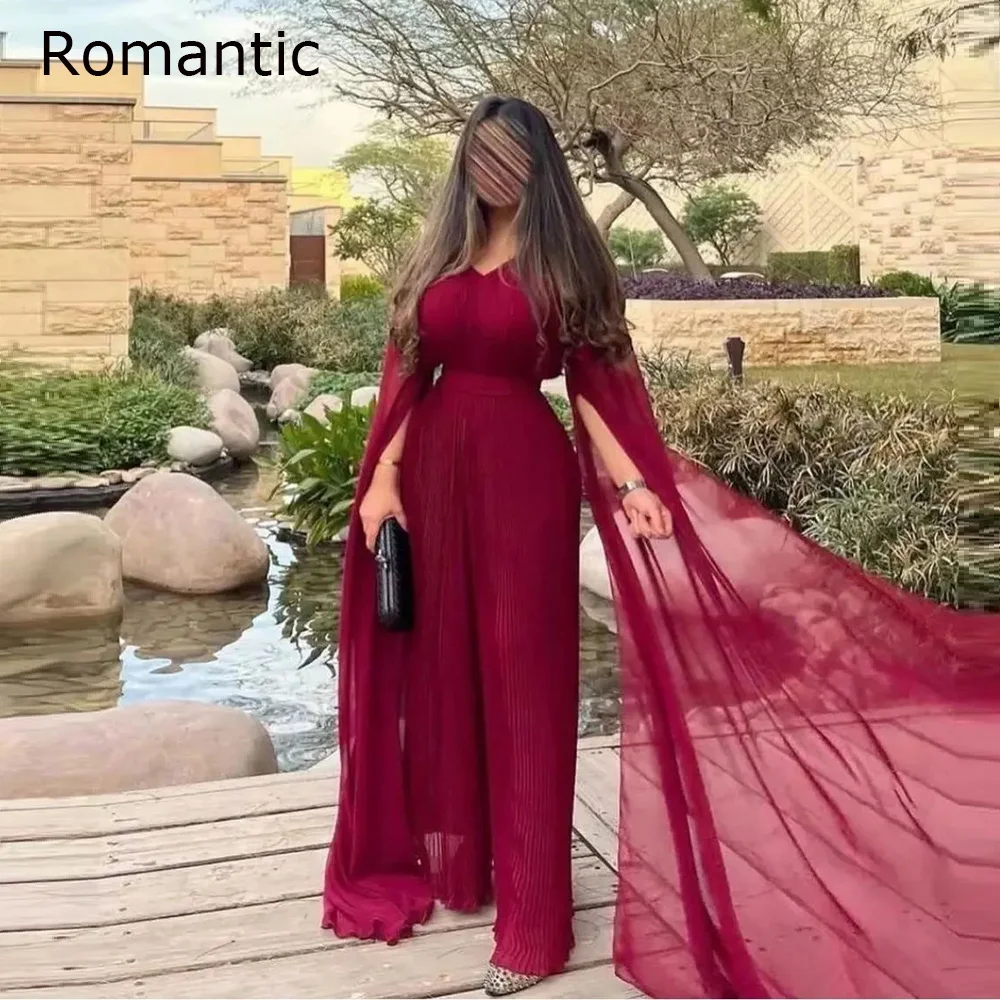 

Romantic Tulle Pleated Evening Dresses 2022 Women Simple V Neck Chiffon Elegant Party Dresses Formal Long Sleeve Red Prom Gown