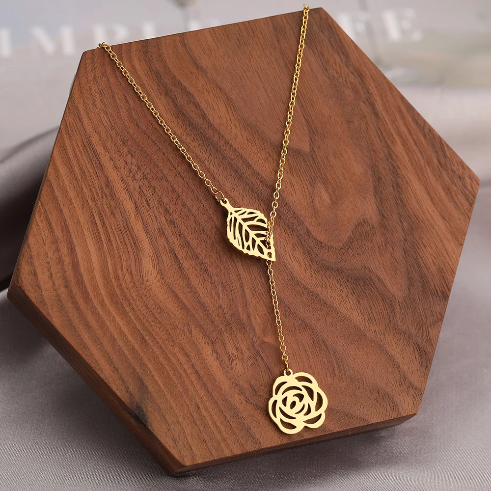 Stainless Steel Necklaces Vintage Delicate Temperament Leaves Rose Flower Pendant Charm Chains Choker Necklace For Women Jewelry |