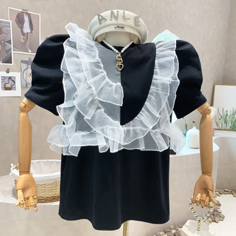 

New Women's Clothing 2022 Summer Irregular mesh Splicing design Puff Short sleeve Loose black T-shirt Dress