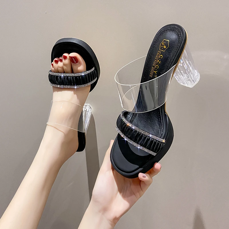 

Шлепанцы женские прозрачные на платформе и высоком квадратном каблуке, с кристаллами