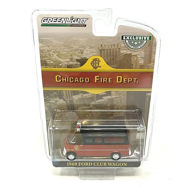 

GreenLight 1/64 Scale Diecast Car Model Toys 1969 FORD CLUB WAGON Chicago Fire Dept Die-Cast Metal Vehicle Toy For Boys Kids