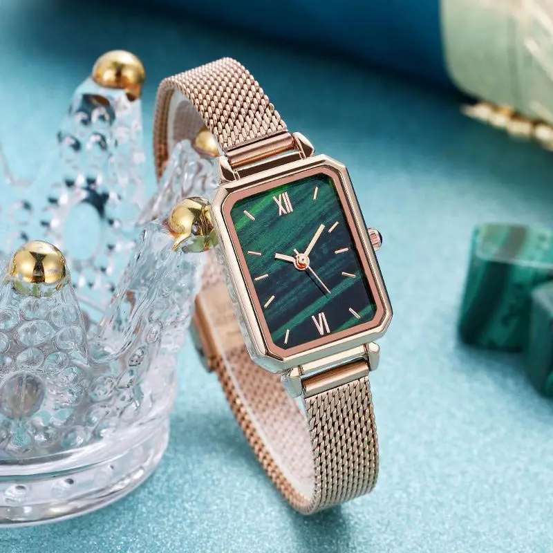 

Простые женские механические часы, женские модные маленькие зеленые кварцевые квадратные женские часы, часы с ремешком из нержавеющей стал...
