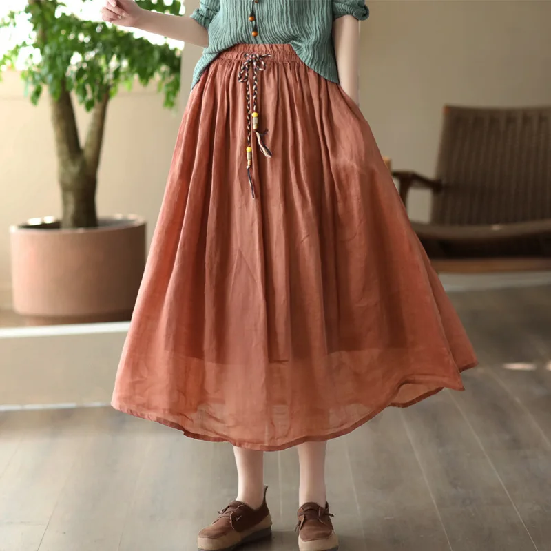 

Lace-up Cotton Linen Beach Skirt Summer Women Vintage Boho High Wasit Pleated Long Skirt Casual Loose A-line Skirts Faldas Saia