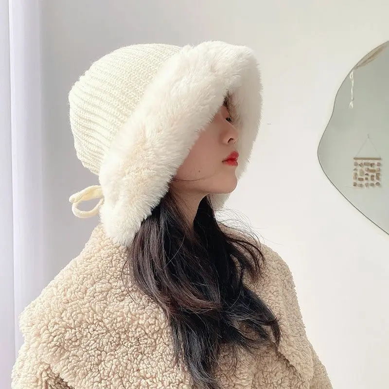 

Winter Plus Velvet Faux Fox Fur Women Bucket Hat Warm Thicken Outdoor Beanies Fisherman Hat Fashion Ladies Windproof Panama Caps