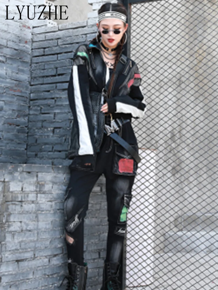 

LYUZHE Personality Cool Leisure Fashion Suit Women 2023 Spring Autumn Trend Two-piece Set Patch Jeans Coat Street Style LWL580