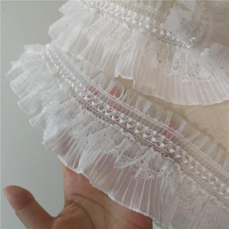 

8CM Wide White 3D Lace Applique Embroidery Collar Ribbon Elastic Ruffle Trim Dress Skirts Headwear Sewing DIY Guipure Supplies